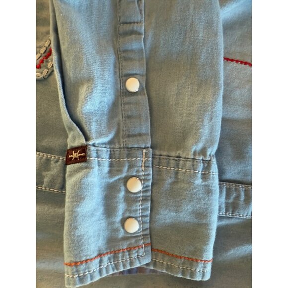 Cowgirl Up Womens Size L Soft Cotton Blue Chambray Western Blouse Embroidered - Picture 4 of 9